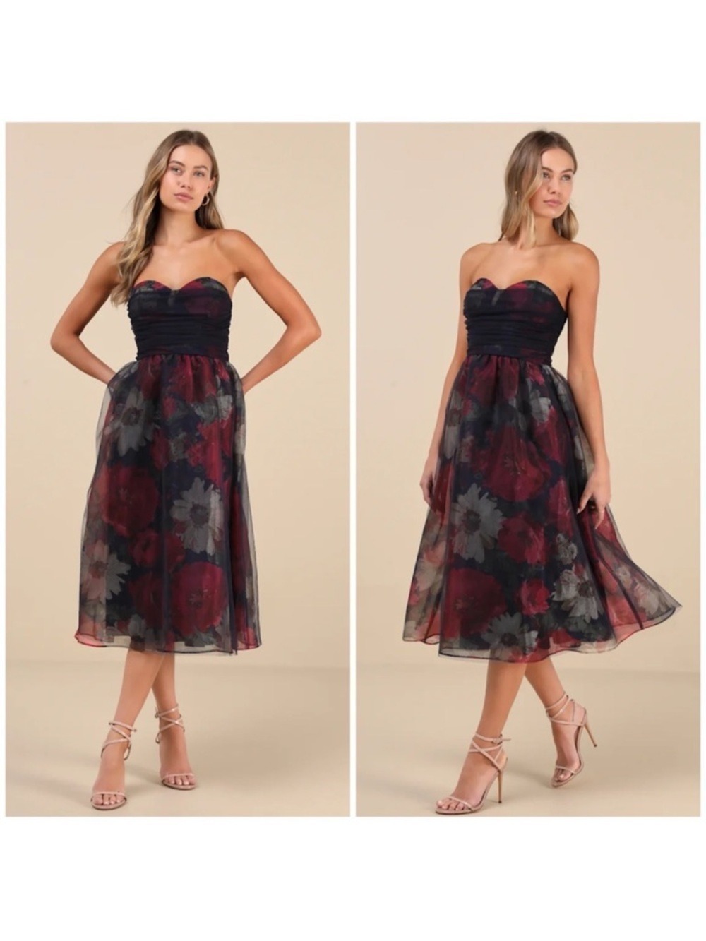 Lulu's Splendidly Yours Navy Floral Organza Mesh Strapless Midi Dress